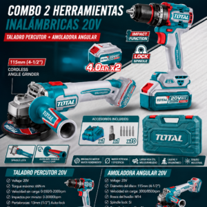 COMBO INALAMBRICO AMOLADORA 4"1/2 + TALADRO 1/2 TOTAL
