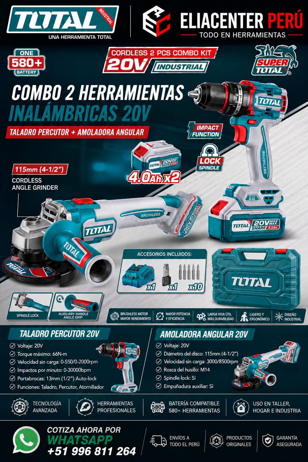 COMBO INALAMBRICO AMOLADORA 4"1/2 + TALADRO 1/2 TOTAL