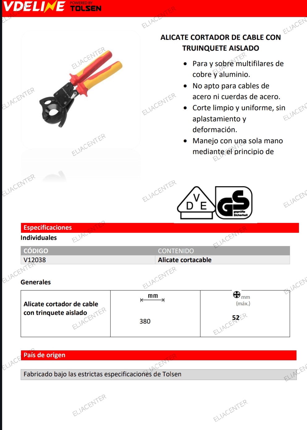 CORTA CABLE AISLADO A 1000V CON RATCHET 380MM2 TOLSEN 52-380MM - Imagen 2
