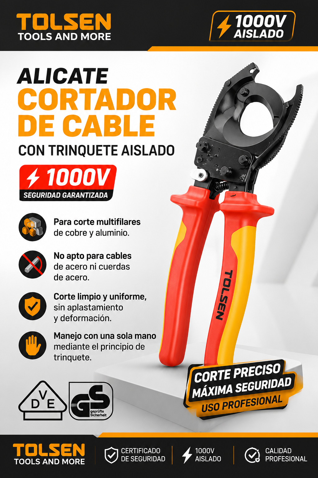 CORTA CABLE AISLADO A 1000V CON RATCHET 380MM2 TOLSEN 52-380MM
